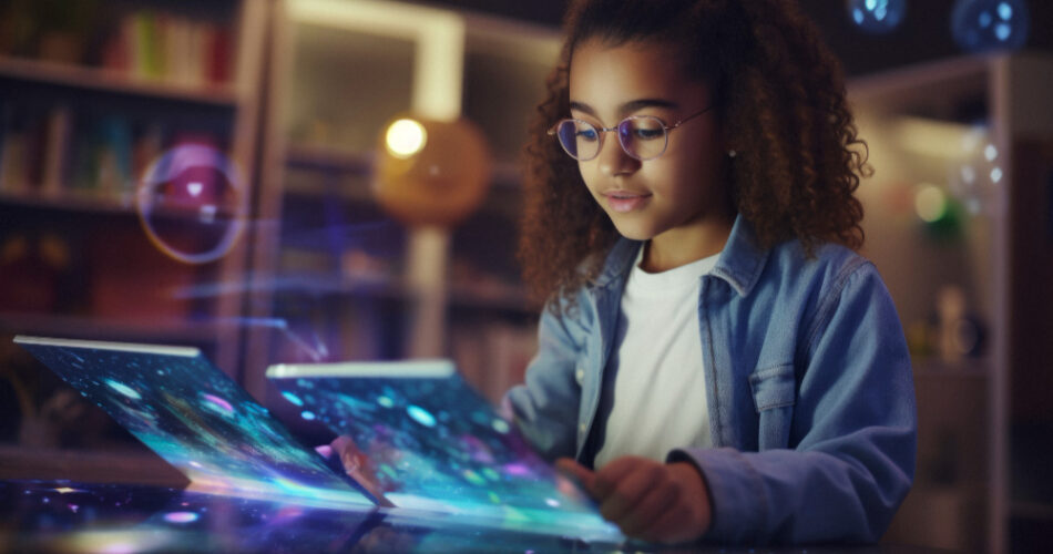 Retrato futurista de uma jovem com alta tecnologia
