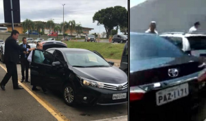 Em foto que circula nas redes sociais, o prefeito aparece entrando em carro que foi alvo de protesto de taxistas em Brasília (Foto: Reprodução)