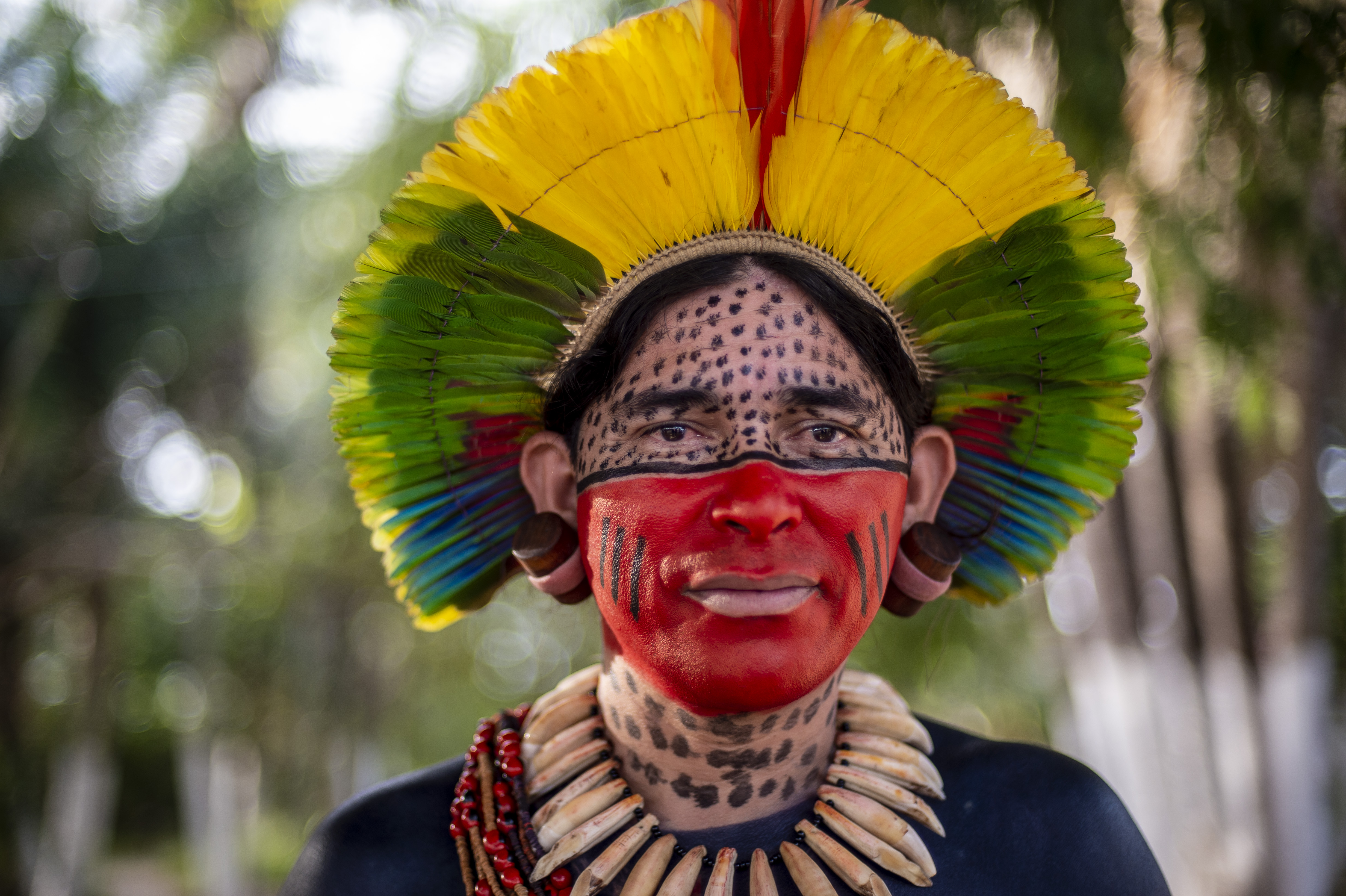 Mulher indígena olha para a câmera. Ela usa um cocá com as cores verde, amarelo e vermelho. Possui metade do rosto com pintas pretas, enquanto a outra está com tinta vermelha. Usa um colar de madeira.