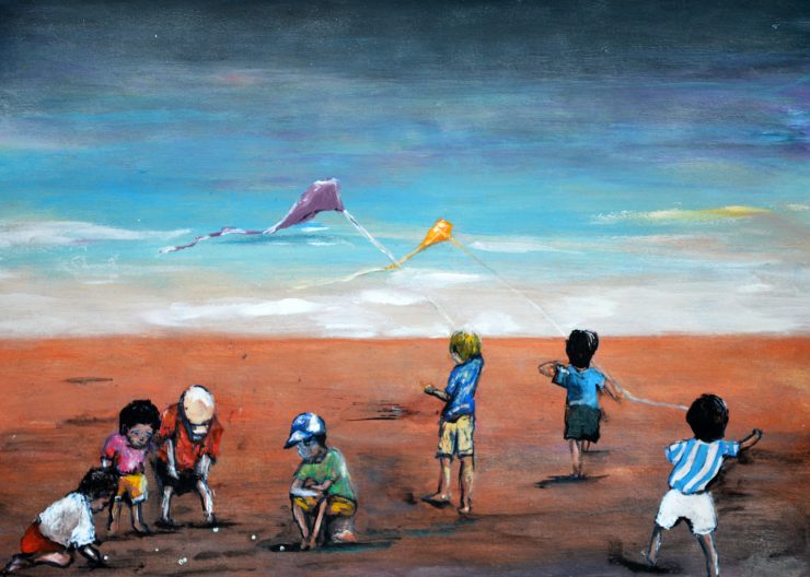 Retrato da exposição Infância em Liberdade, com meninos soltando pipas; exposição integra programação do Tudo em Casa Fecomércio