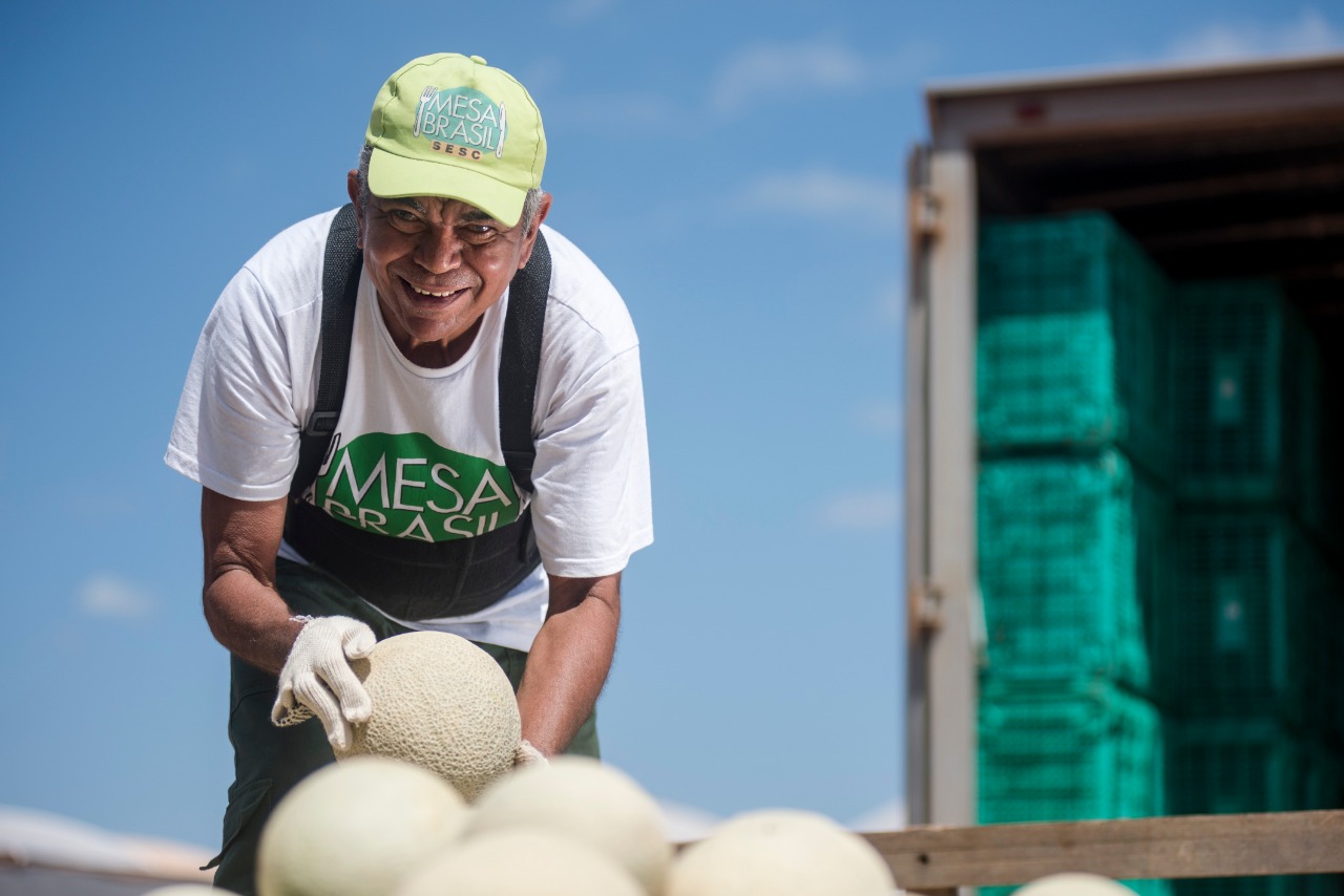 Mesa Brasil: na imagem, homem do programa trabalhando na organização de melões