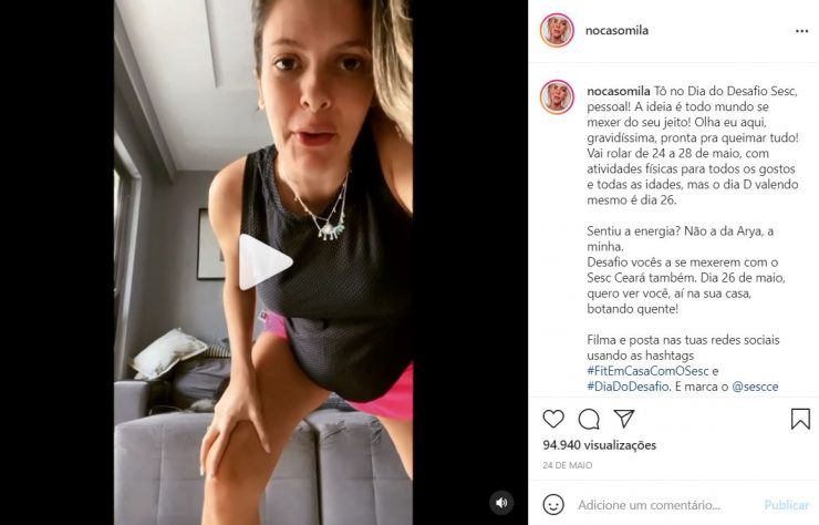 Dia do Desafio: a imagem é um print do perfil no Instagram da influenciadora Mila Costa, em que ela aparece com roupa de ginástica. Na legenda, ela fala sobre sua participação no Dia do Desafio
